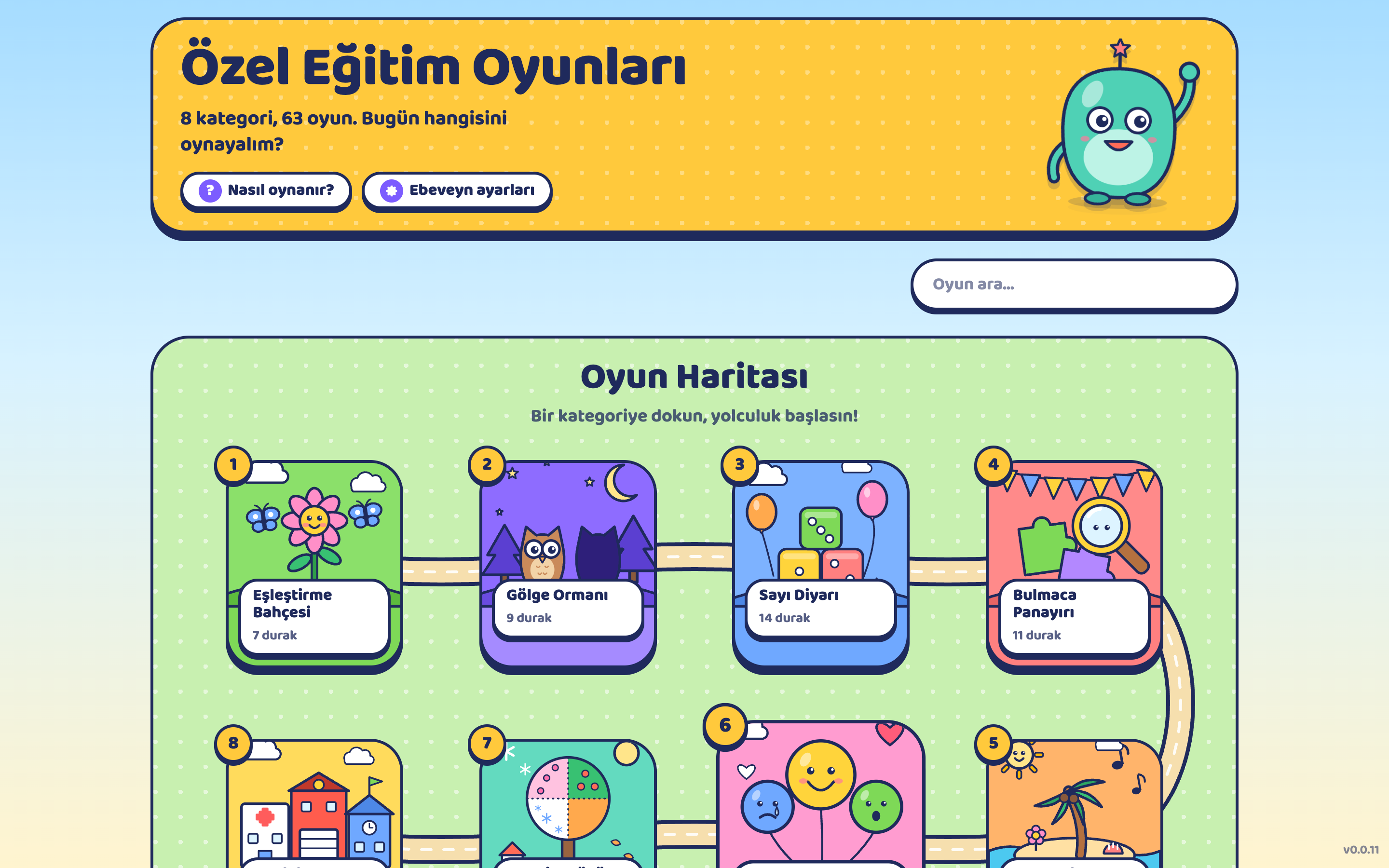 Egelişim game map with eight learning worlds